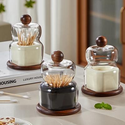 Zahnstocherbox aus Keramik aus Massivholz, für Zuhause, kreative Aufbewahrungsdose für Zahnseide, Wattestäbchen, Glas, Keramik, Zahnstocherdose mit Deckel