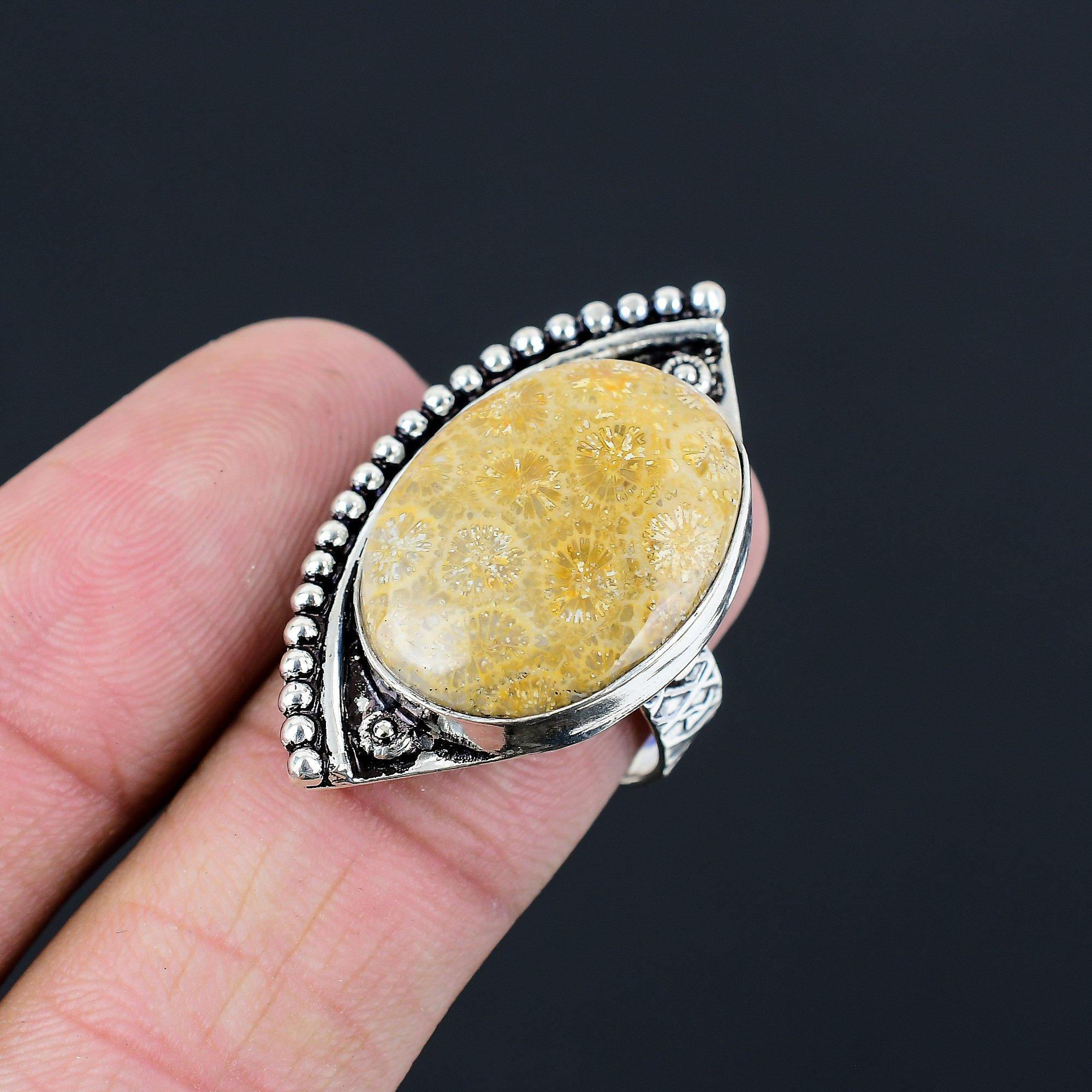 

Wedding Gift For Her 925 Silver Natural Fossil Coral Stackable Ring Size 8 8