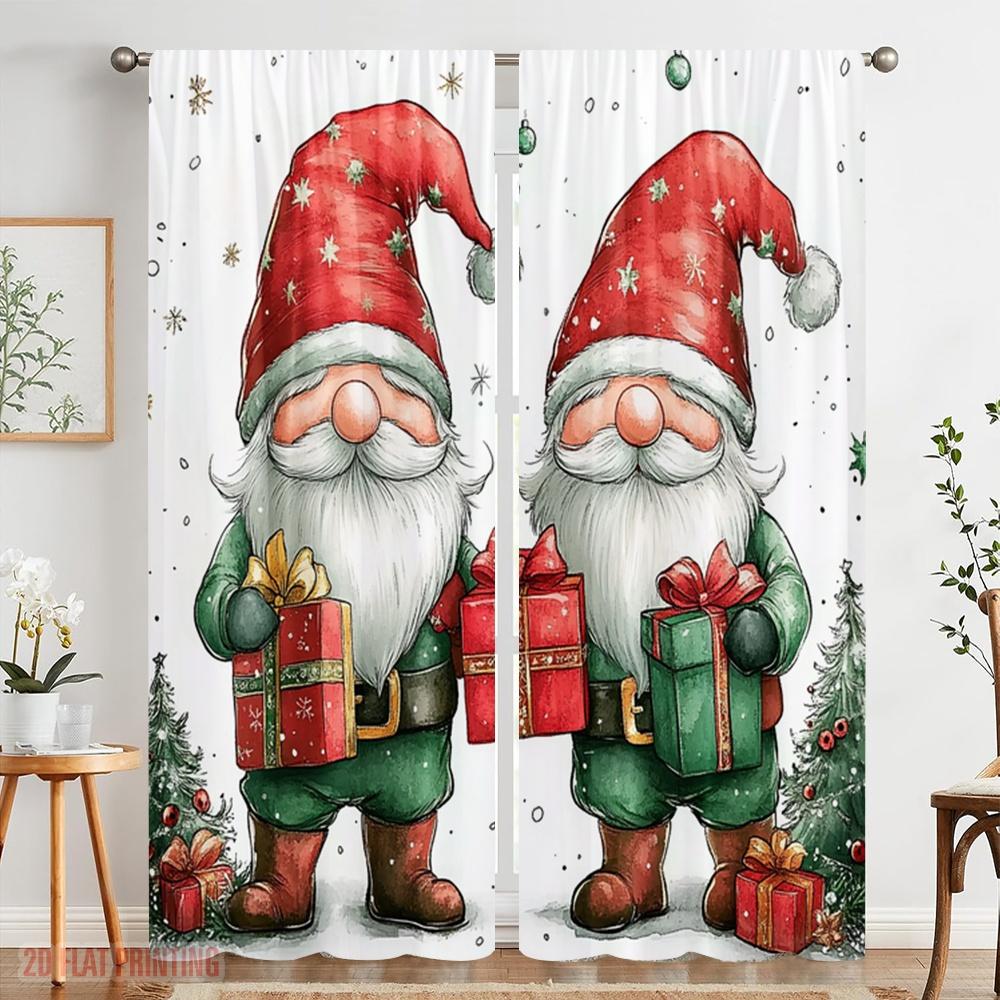 2pcs,2D Plane Printing Curtain Fabric Christmas Gnomes Gift Giving Versatile Polyester (without Rod) All Seasons Perfect for