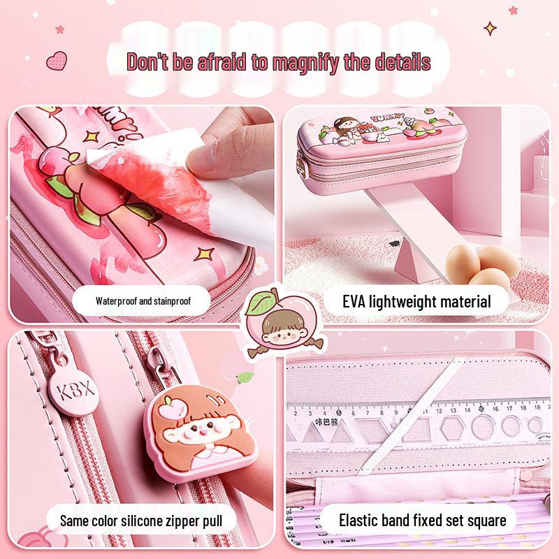 3D Kaba Bear Double-Layer Pencil Case for Boys - Large Capacity, Popular Student Design.