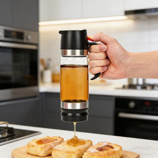 Press Honey Dispenser Bottle Syrup & Sauce Container with No-Drip Spout BPA-Free Plastic Honey Pourer Bottle for Kitchen Coffee Barbecue Use