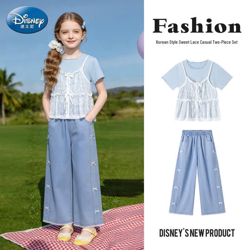 Disney Girls Lace Faux 2-Piece T-Shirt & Wide-Leg Jeans Set 130 светло-синий