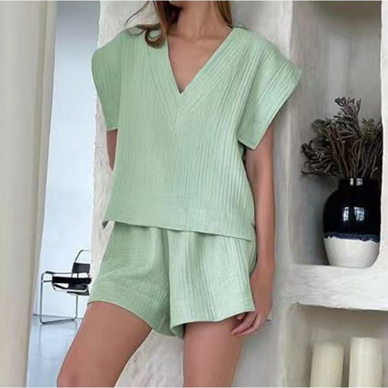 

New Arrival Loose-Fitting V-neck Top Shorts Suit Pajamas Loose V-neck Top and Shorts Set Green L