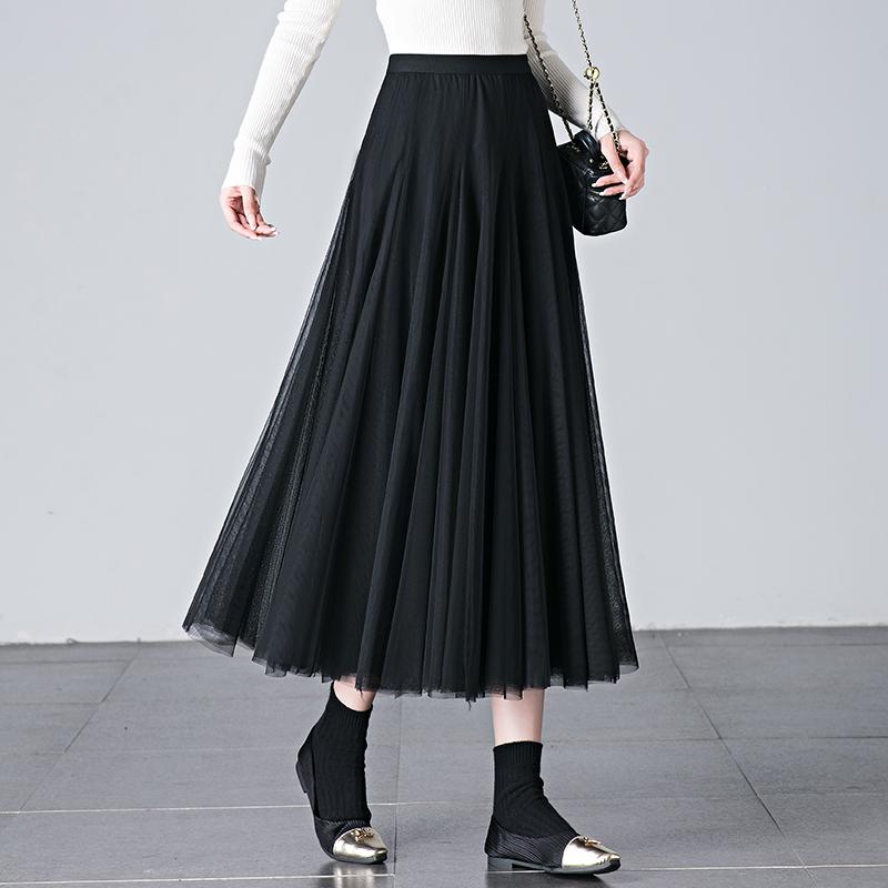 Brand Discount Women's High Waist Pleated Silk Midi Skirt with Puffy Mesh Overlay