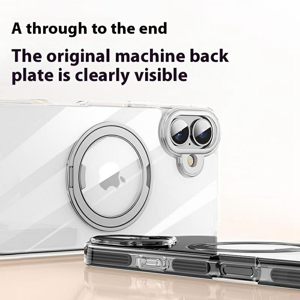 For iPhone 16 Plus Case Compatible with MagSafe Gear Fulcrum Kickstand Electroplating Lens Frame PC+TPU Phone Cover