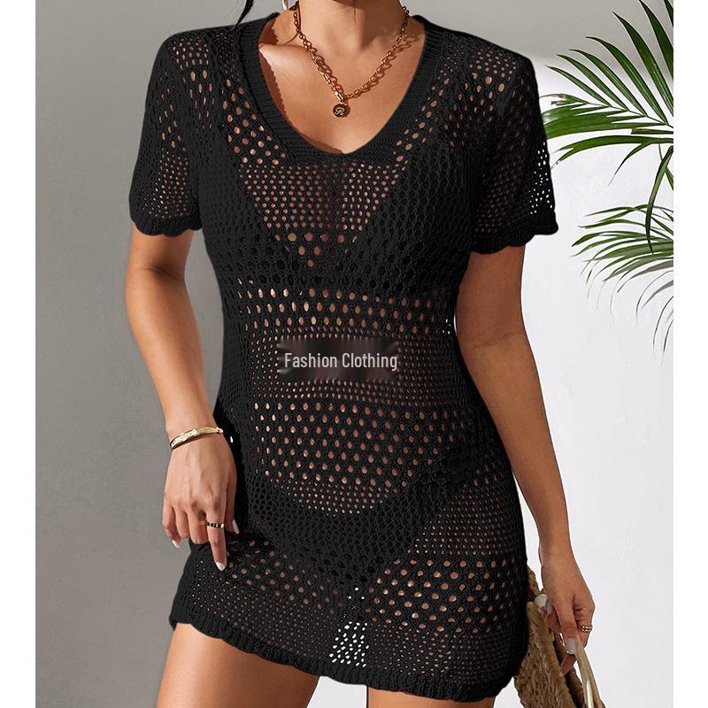 European & American Women's Sexy Hollow Short-Sleeve Bikini Cover-Up Sun Shirt