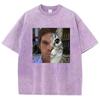 Fashion T Shirt Vintage Washed Cotton T-Shirt Movie Cat Graphic Tee Casual Streetwear Spring Summer Clothing