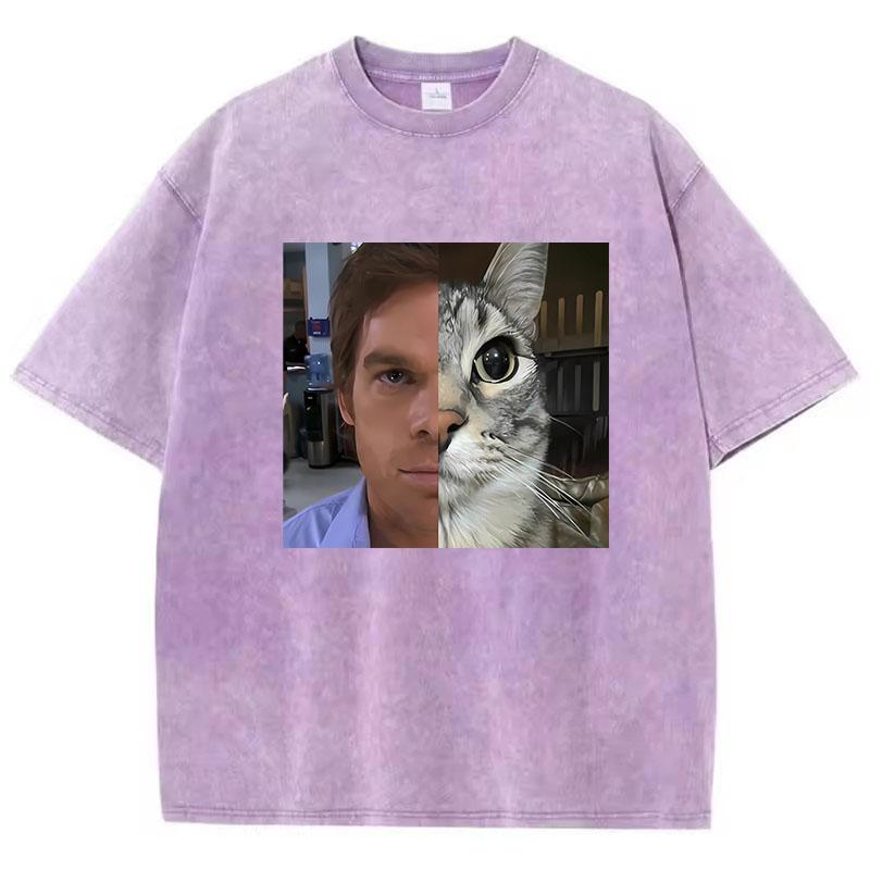 Fashion T Shirt Vintage Washed Cotton T-Shirt Movie Cat Graphic Tee Casual Streetwear Spring Summer Clothing