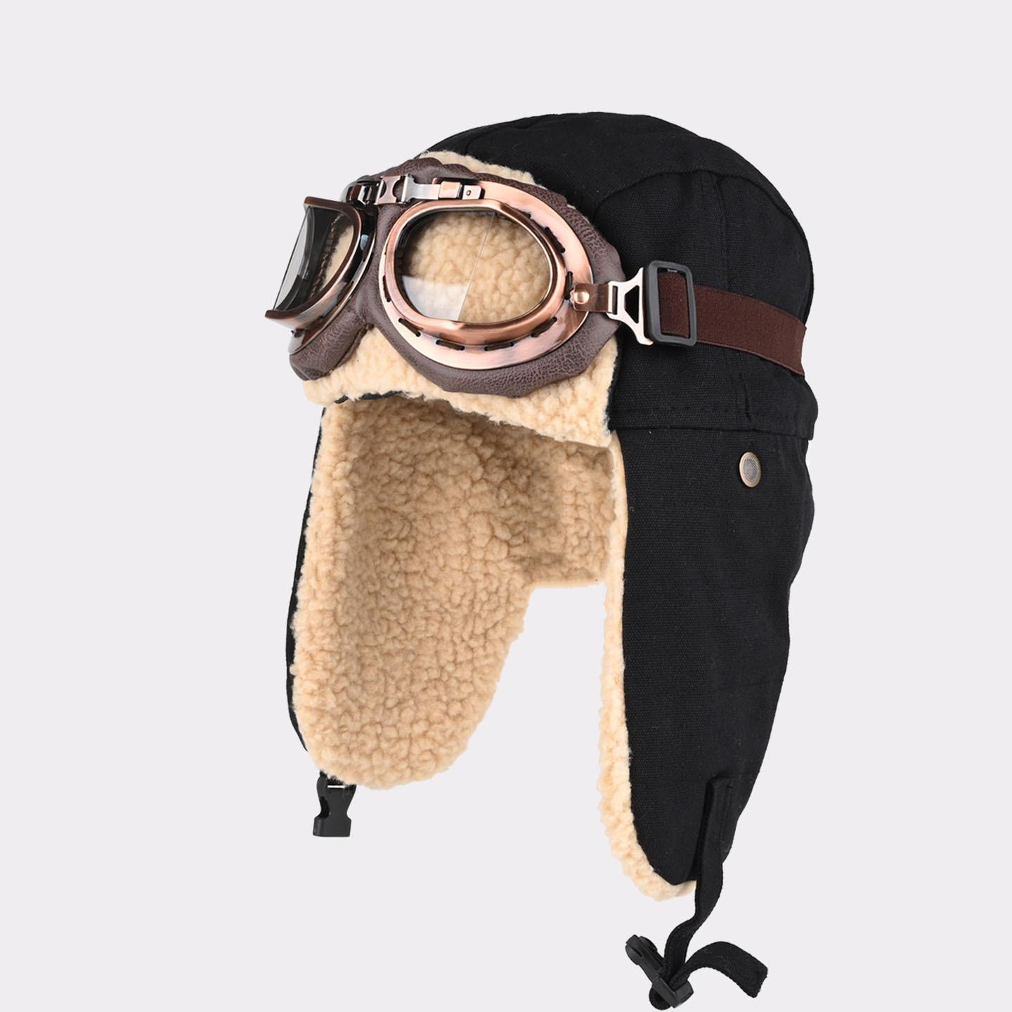 

Beanie With Ear Protection Pilot Hat With Goggles Windproof Winter Skiing Outdoor Warm Caps for Camping Skiing Soft чорний