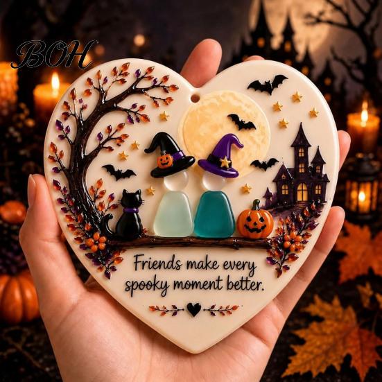 Heart Shaped Coastal Decor Heart-Shaped Sea Glass Art Friendship Ornament, 2D Flat Ornament Keepsake, Halloween Pumpkin Black Cat Hanging Decoration,