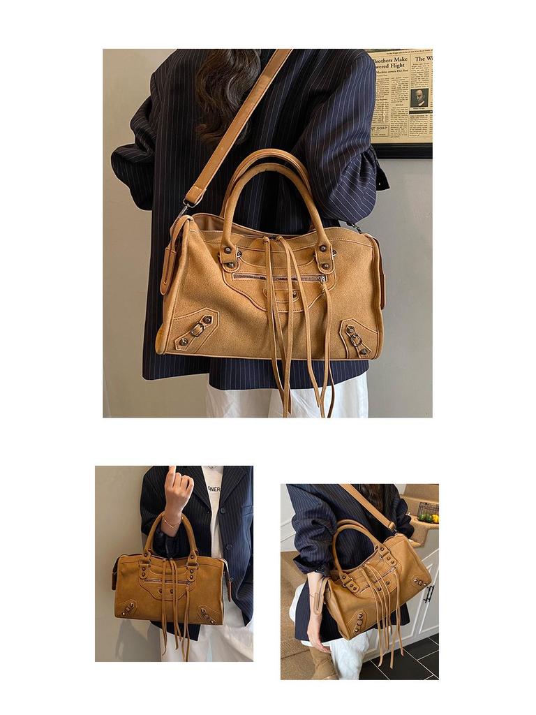 Trendsetting Matte Suede Rivet Motorcycle-Style Retro Crossbody Bag 2025: Large Capacity Handbag