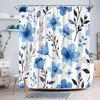 1Pc Blue-Grey Botanical Patterned Shower Curtain, Polyester Fabric, Machine Washable, Suitable For Bathroom Dcor.