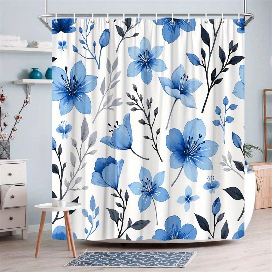 1Pc Blue-Grey Botanical Patterned Shower Curtain, Polyester Fabric, Machine Washable, Suitable For Bathroom Dcor.