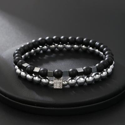 2Pcs/Set Men Stone Bracelet Black Onyx Square Hematite Double Layer Beaded Braslet Healing Energy Couple Friend Jewelry Gifts