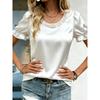 Women Elegant Satin Blouse With Pearl Neckline Puff Short Sleeve Casual Tops