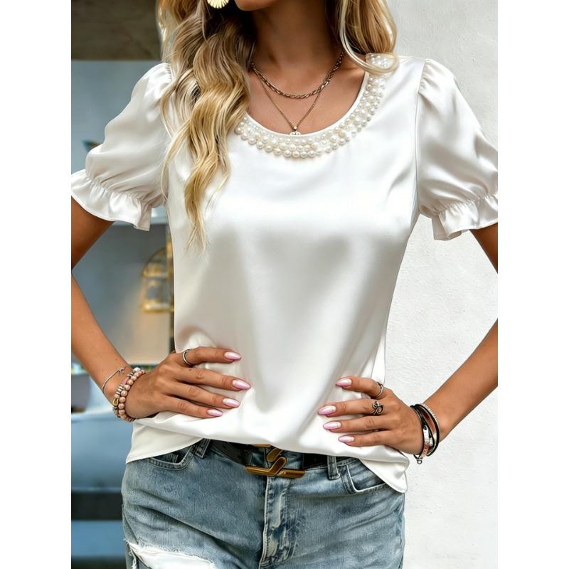 Women Elegant Satin Blouse With Pearl Neckline Puff Short Sleeve Casual Tops