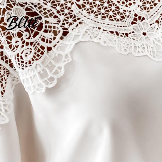Women Shirt Lady Top Crochet Solid Color Round Neck Winter Lace Stitching Hollow Fall for Work Blouse