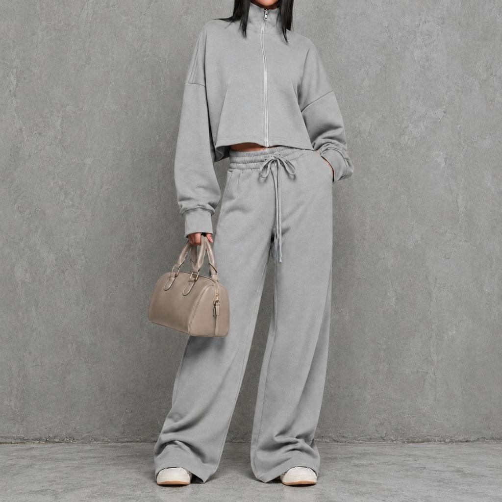 Women's Zip-Up Hoodie and High Waist Wide Leg Pants Set Casual Loungewear Tracksuit