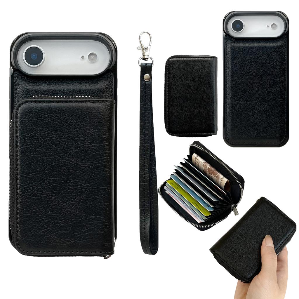 For iPhone Air Case Detachable Zipper Card Bag PU TPU Kickstand Phone Case with Strap