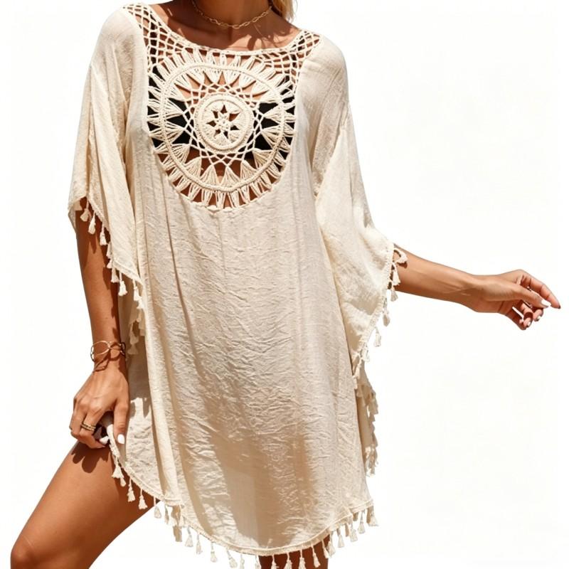 

Boho Summer Beach Crochet Cover Up - Loose Tassel Mini Dress for Vacation & Swimming Pool Free size абрикосовый