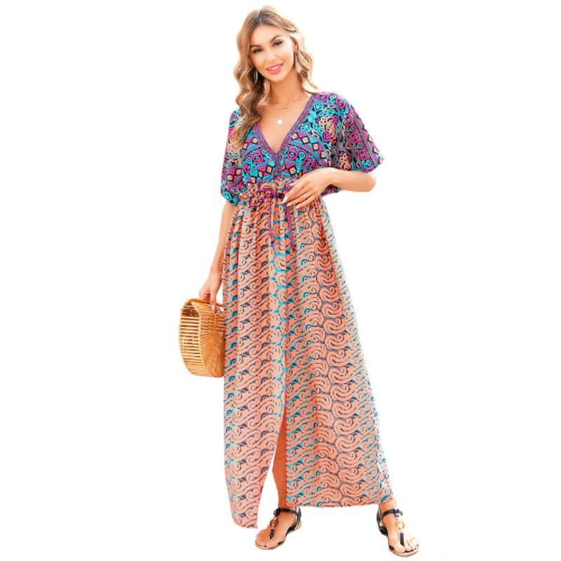 Bikini Cover-ups  Bohemian Printed Kimono Green Tunic Women Plus Size Beachwear Deep V-neck Front Open Maxi Dress Swim Suit Cover Up