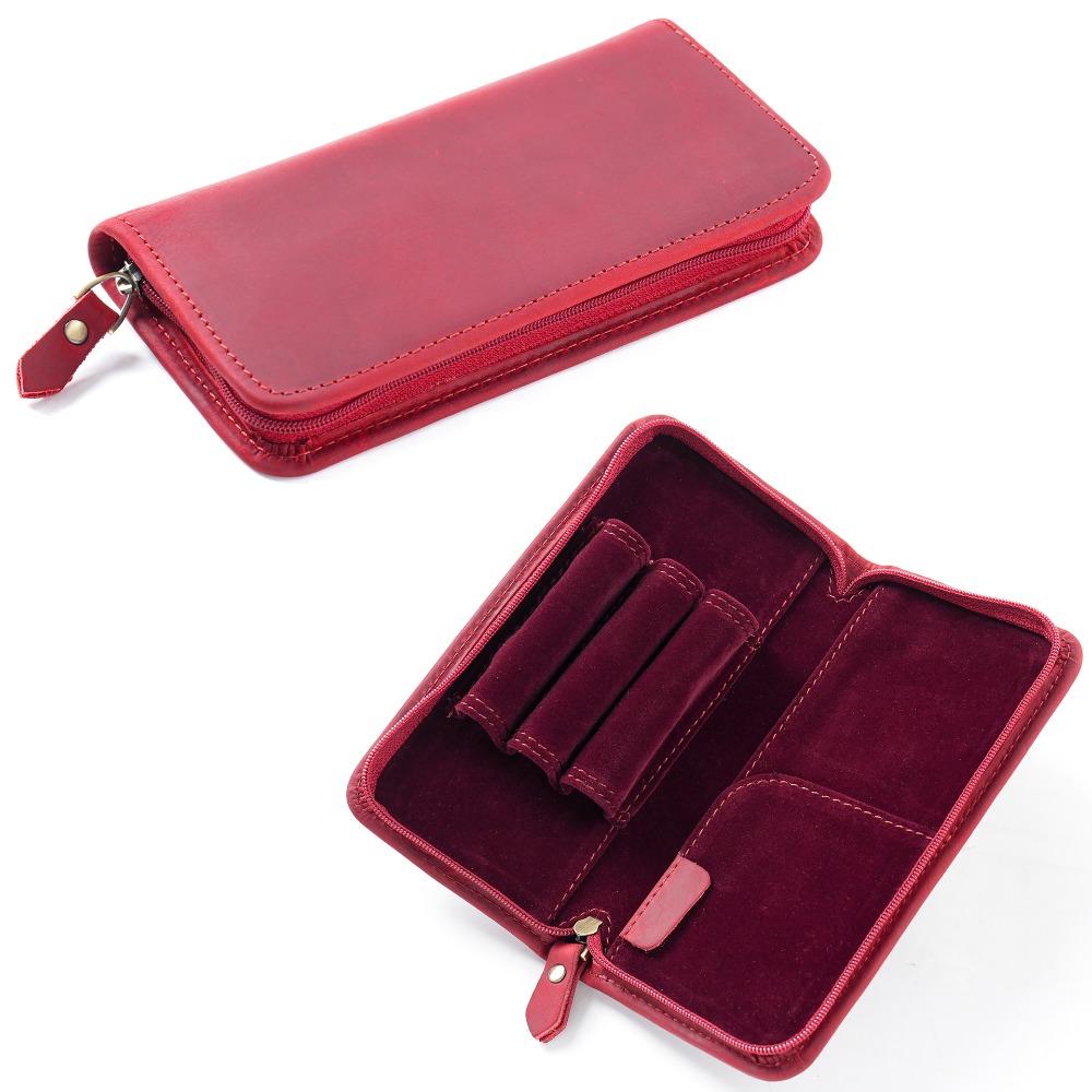 

3 Slots Cowhide Pen Bag Zipper Closure Pen Holder Organizer Cowhide Pen Case School Supplies червоний