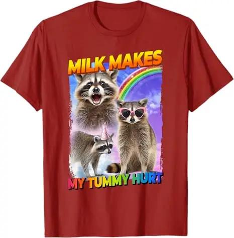 

Raccoon Meme Culture TShirt Humor Funny Milk Makes My Tummy Hurt Saying Tee Lactose Intolerant Internet Novelty Graphic Y2k Top S