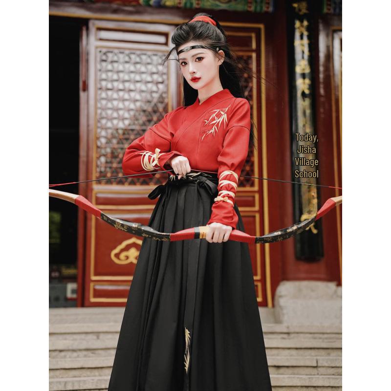 

Красное платье для пары в стиле боевых искусств с вышивкой в виде листьев бамбука в стиле ханьфу и крестообразным воротником (Плюс Размер, Толстый ММ, Древний Стиль) 4XL