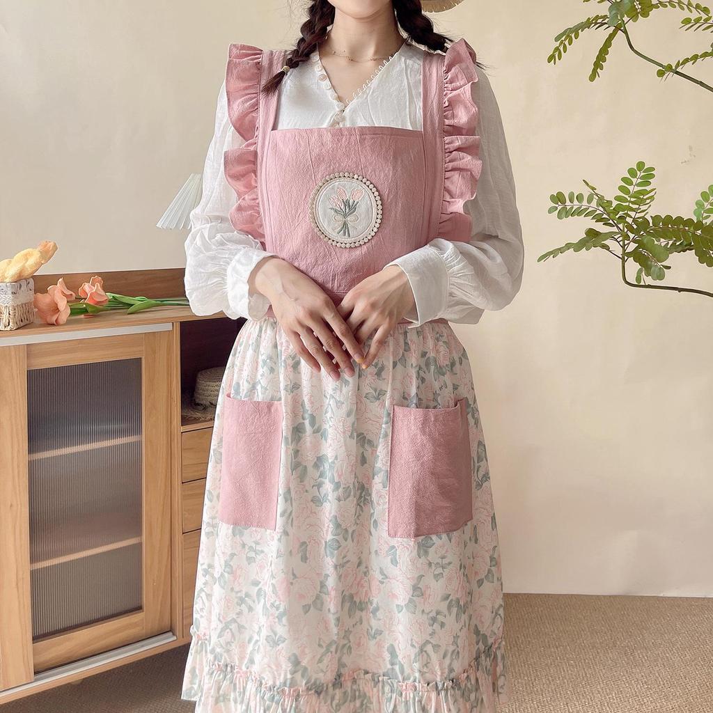 Pure Cotton Sweet Princess Style Apron with Pockets - Stain-Proof Waist Apron for Home Use
