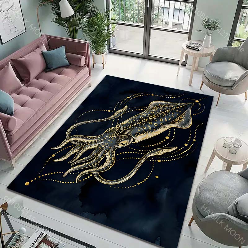 1PC Squid Illustration with Gold Patterns Carpet for Living Room Bedroom Sofa Home Decor Rug Non-slip Floor Mat Luxury Gift