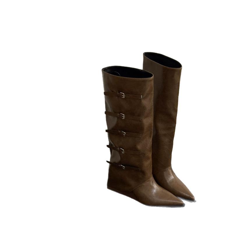 Hot Selling 2025 Metal Decor Wedge Heel Knee High Boots Women Autumn Fashion Pants Boots Woman Wide Leg Leather Long Botas Mujer