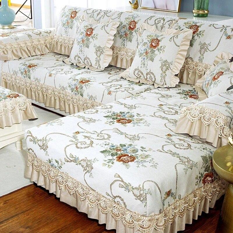Luxury Chenille Sofa Mat European Style Large Flower Fabric Anti Slip Seat Cushion Winter Solid Wood Full Coverage Sofa Cover