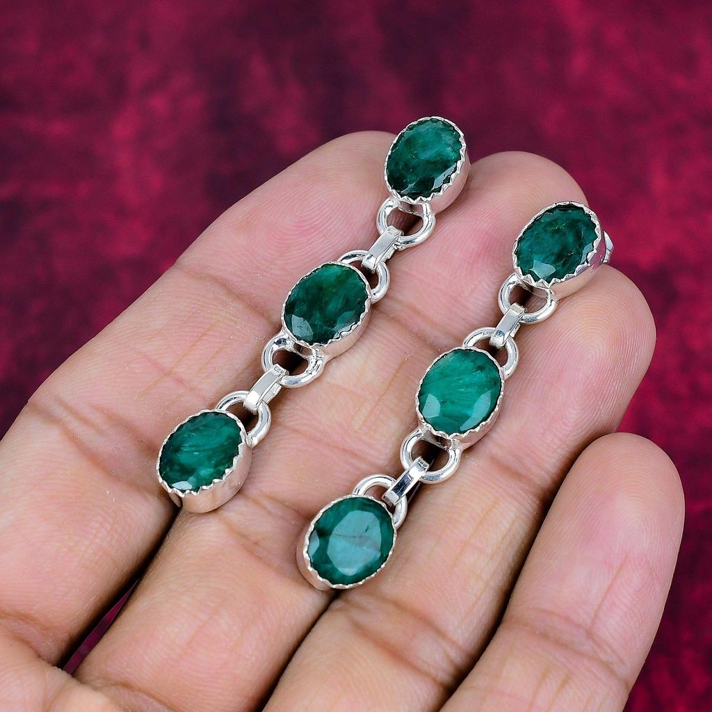 Emerald 925 Solid Sterling Silver Earrings, Handmade Gemstone Earrings Jewelry, Gifts For Wife Brand New Earrings