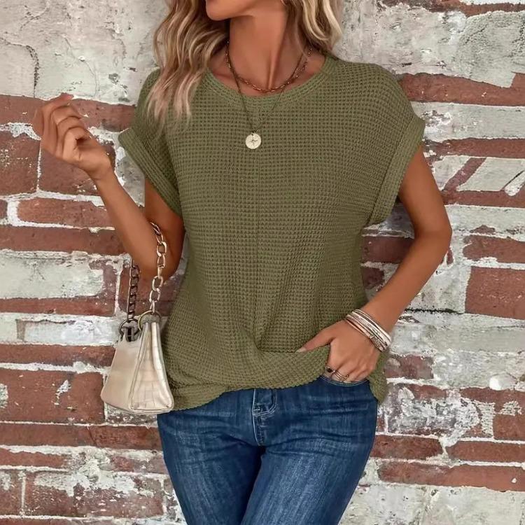 

Лето 2025 Новинка Женская блузка с длинным рукавом и круглым вырезом, вафельная, элегантная офисная леди, однотонный топ-кинк, футболка, модная уличная одежда, футболки S зелёный