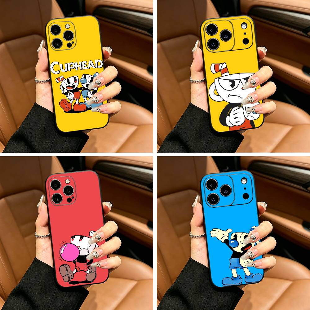 Cute CupHead And MugMan Phone Case For iPhone 12 13 14 15 16 17 Pro Max, Lightweight and Practical Soft Black Cover