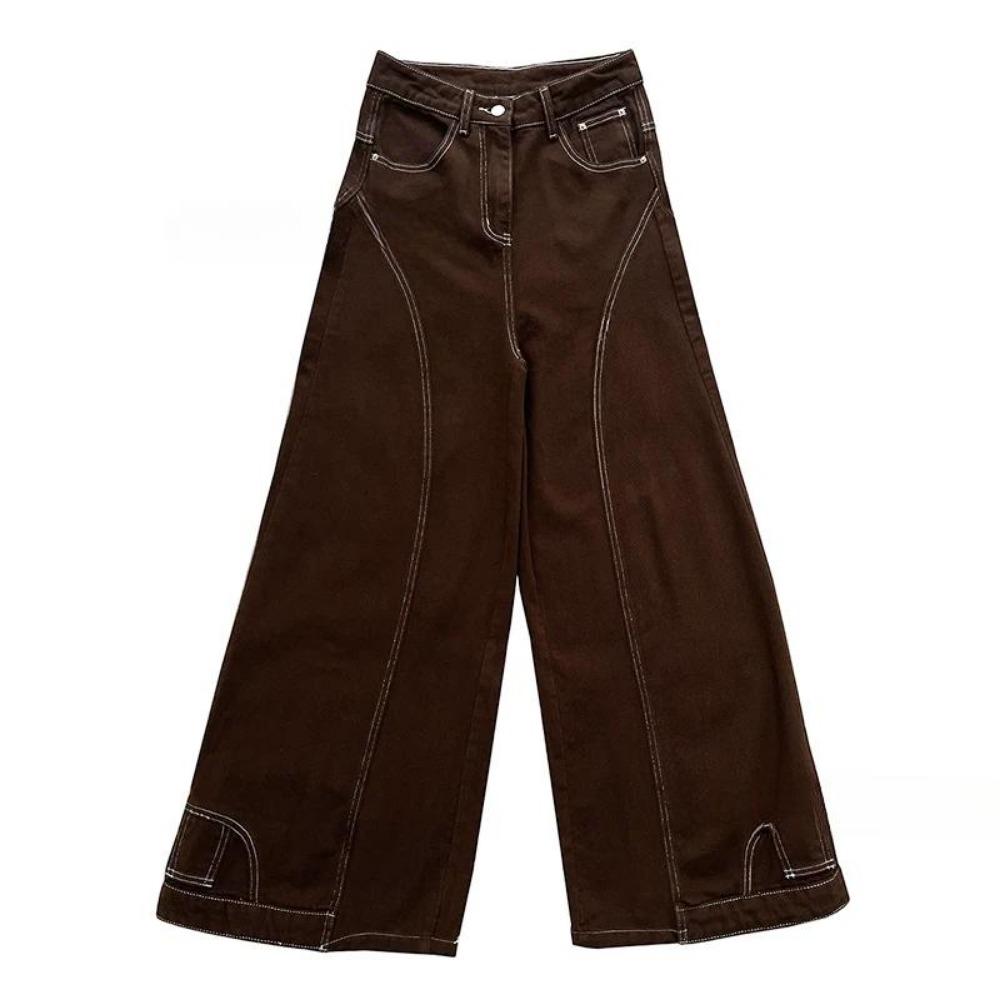 ZYLLO Übergröße Braune Baggy Jeans Damen Retro Aufgenähte Naht High Waist Weitbein Hose Hip Hop Koreanische Streetwear