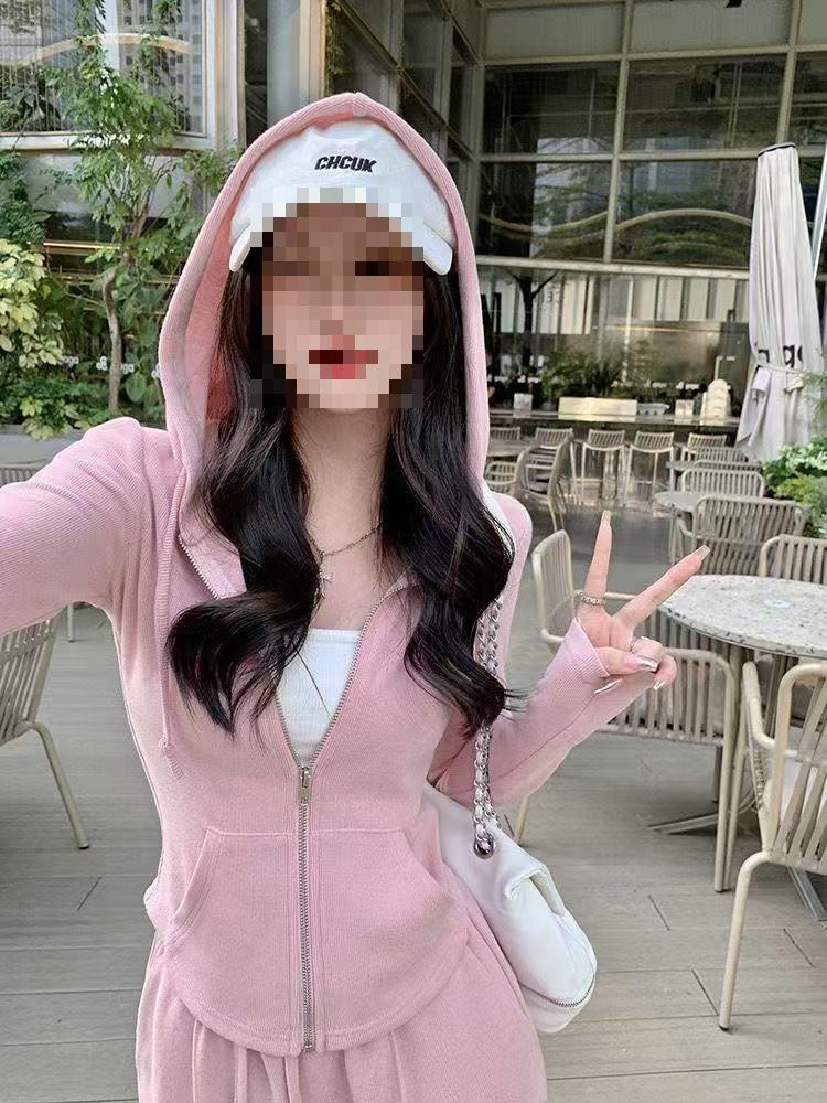 2025 Slim-fit Hooded Cardigan & Wide-leg Pants Set for Early Autumn - Casual Sporty Style
