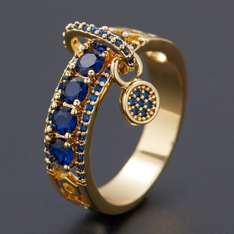 Luxury Vintage Female Royal Blue Zircon Stone Ring Round Dangle Ring Fashion Engagement Zircon Gifts New  Arrival