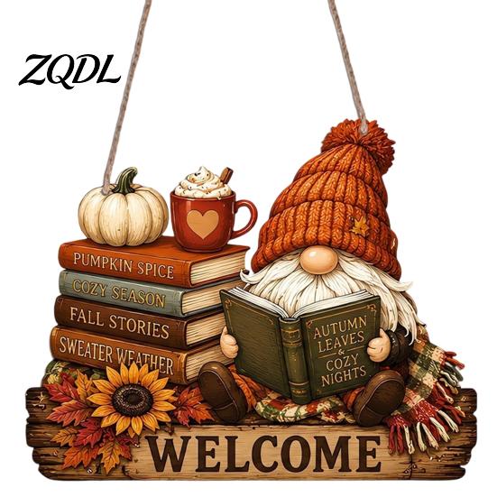 Autumn Harvest Theme Sign Fall Thanksgiving Wooden Door Hanger, 2D Sunflower Pumpkin Gnome Wall Holiday Ornament Plaque, Rustic Farmhouse Hanging