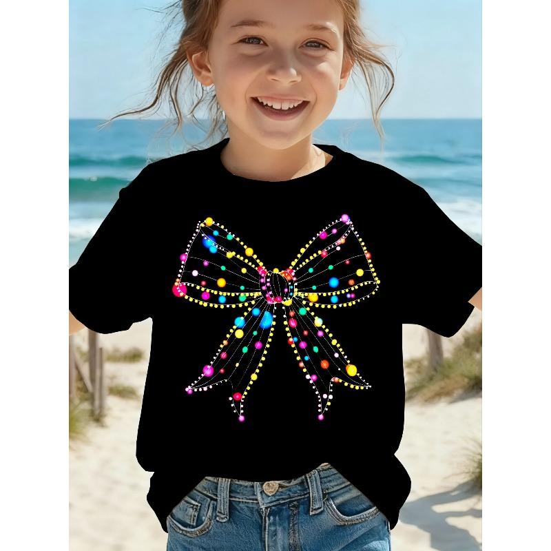 

European Size Girls Round Neck Short Sleeved T Shirt with Colorful Butterfly Pattern in A Teenage Style 98cm чёрный