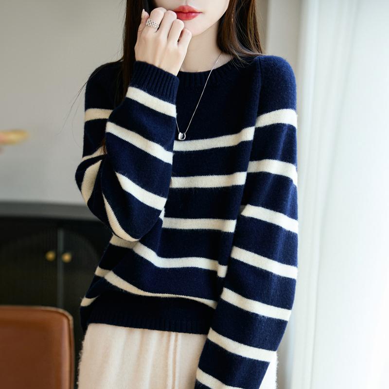 Women Sweater 100% Wool MODERN NEW SAGA O-neck Stripe Knit Pullover Thick Winter Jumpers Female Knit Tops
