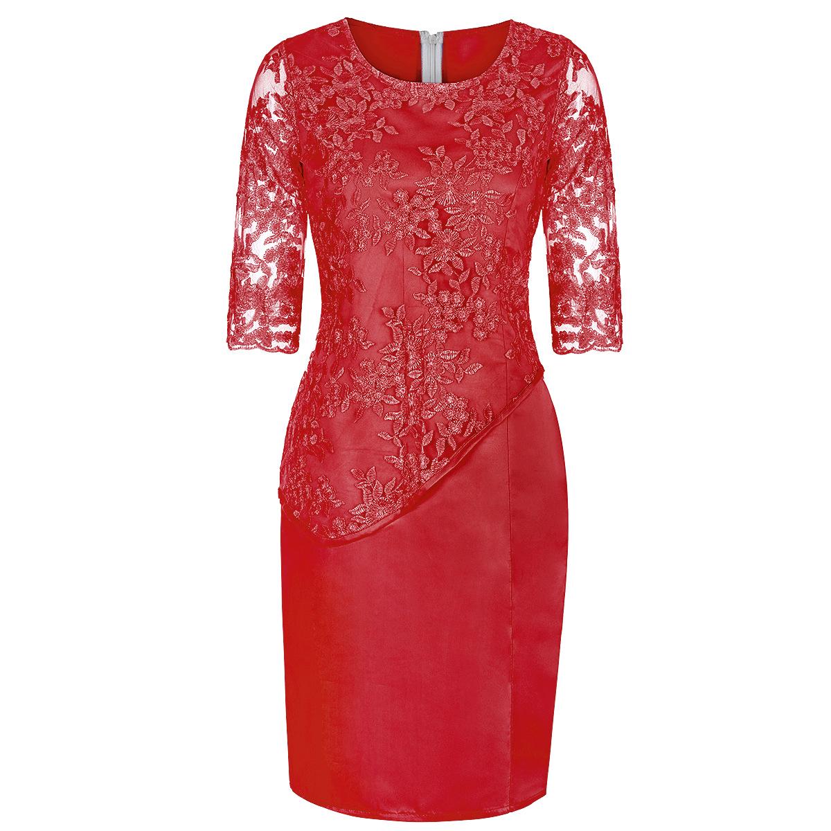 

Элегантное платье с круглым вырезом, удобное платье больших размеров, красивая кружевная вечерняя женская одежда с рукавами 3/4 XXXXXL красный
