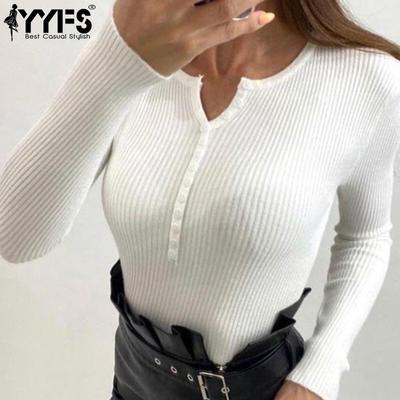 Suéteres de cuello en V de manga larga con estampado de colores sólidos informales de moda para mujer Otoño Invierno