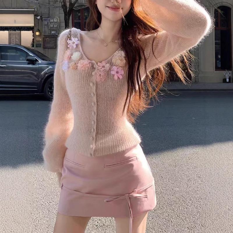 Mohair three-dimensional flower design thin knitted cardigan spring new gentle wind sweater jacket women
