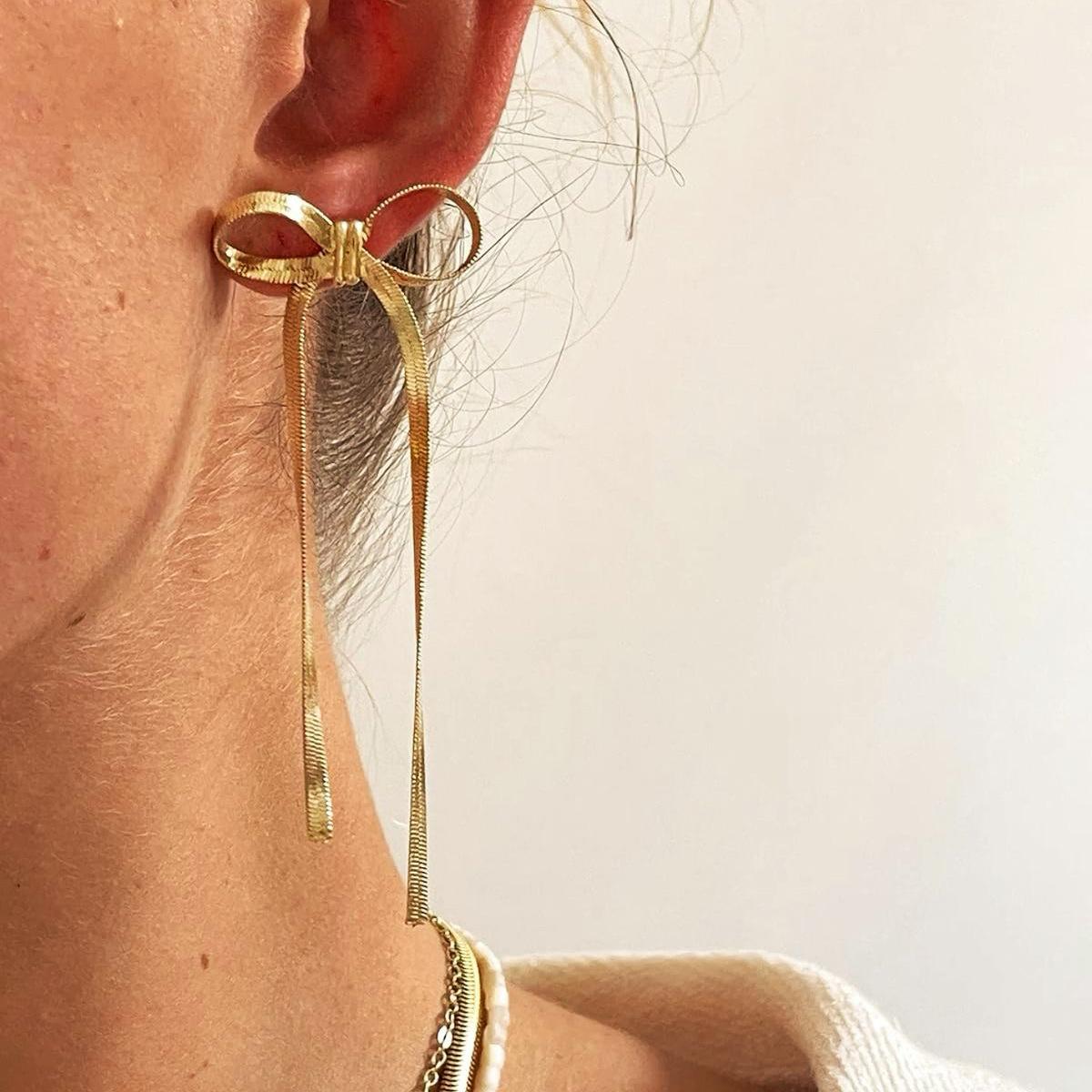 

Fashion Bowknot Earrings for Women Vintage Simple Gold Silver Color Long Tassel Bow Drop Earrings Statement Jewelry Girls Gifts