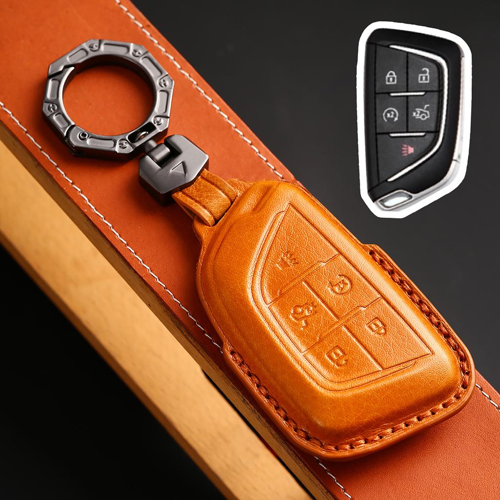 5 Bottons Leather Car Key Fob Case Cover Shell For Cadillac Ct4 Ct4-V Ct5 C8 Corvette Lyriq Keychain Accessories