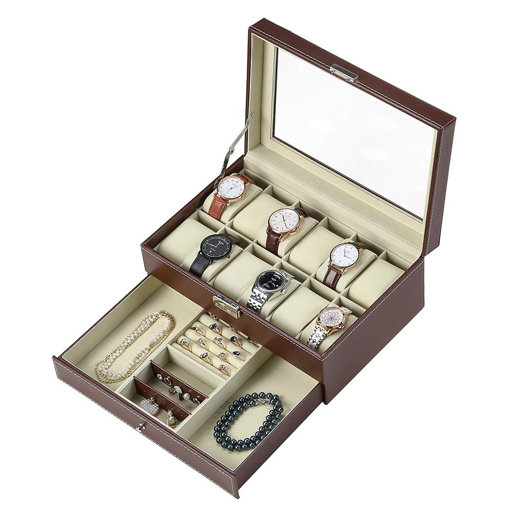 Watch Storage Accessory Holds 12 Luxury Watch Storage PU Case, Storage, Watches, 2-Tier, Box, Leather… (12-Tier, Brown)