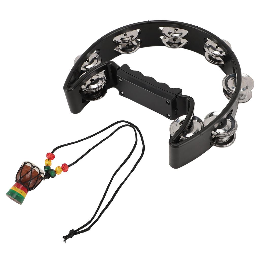 Handheld Tambourine with Hanging Decor Metal Bells Half Moon Drum Black Hand Percussion Instrument for Party Dance