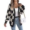 GMXIA Autumn and Winter Color-blocking Checkered Lantern Sleeve Cardigan Sweater Mid-length Coat Women's Wear