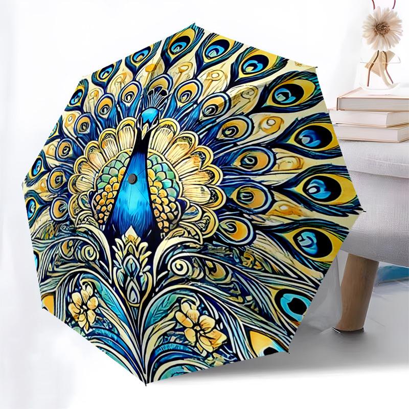 

1pc Peacock Mandala Art Automatic Folding Umbrella - Portable 3-Fold Design, 8-Bone Iron Frame Outdoor Umbrella, Ideal Gift for Fans, Travelers, Daily